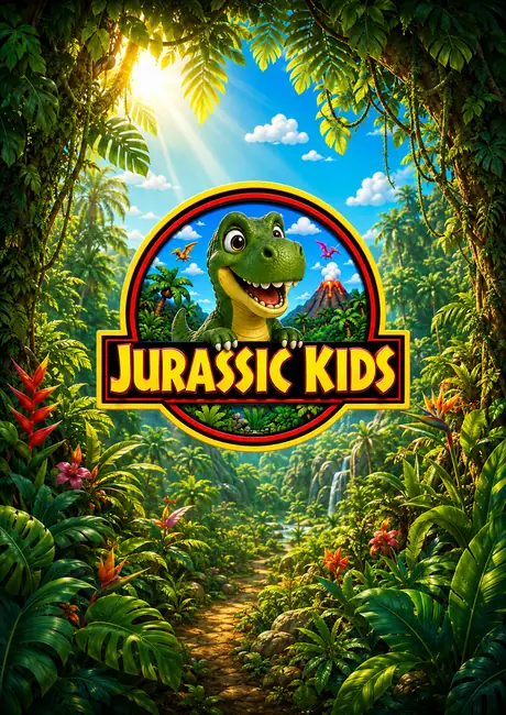 Capa do pacote Jurassic Kids, com o filhote de T-Rex na selva